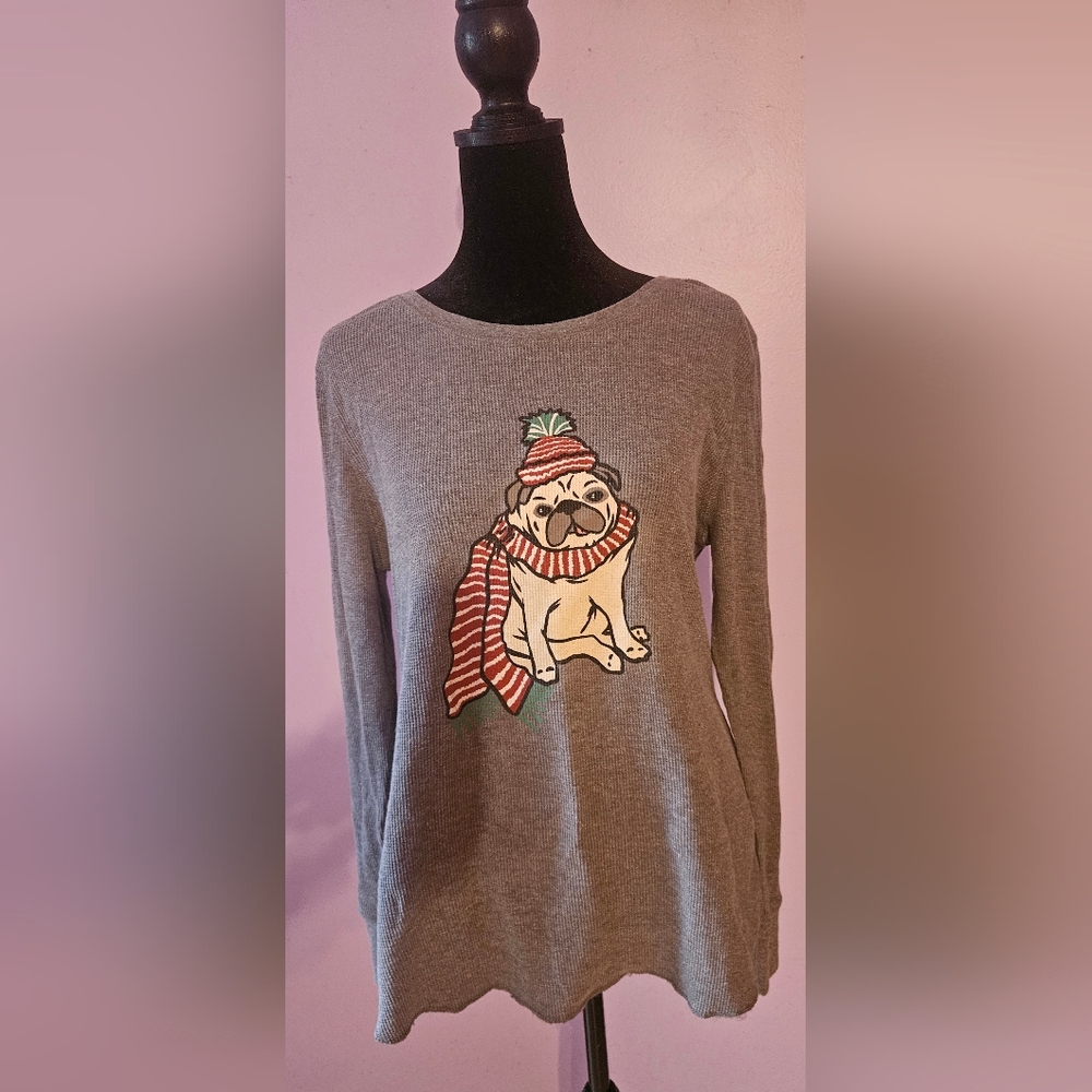 Gray Old Navy Sweater with Cute Holiday Pug